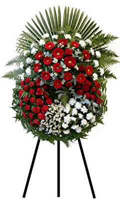 Red and white funeral wreath